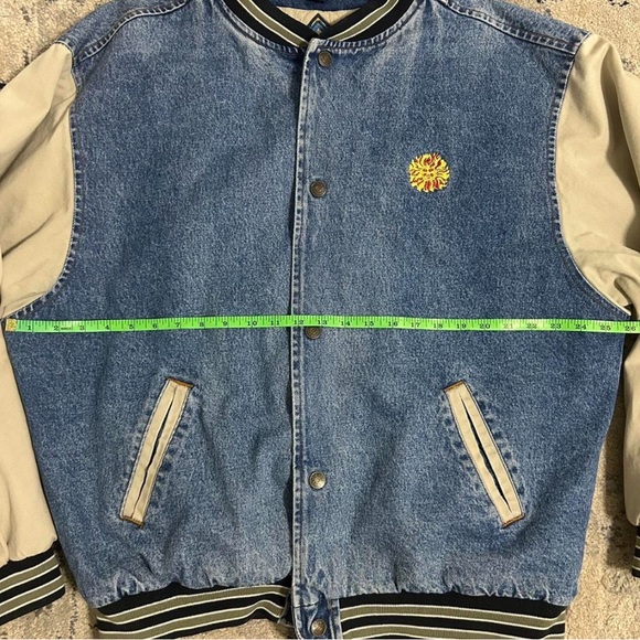 Vintage Denim Varsity Jacket with Beige Sleeves - Picture 6 of 8